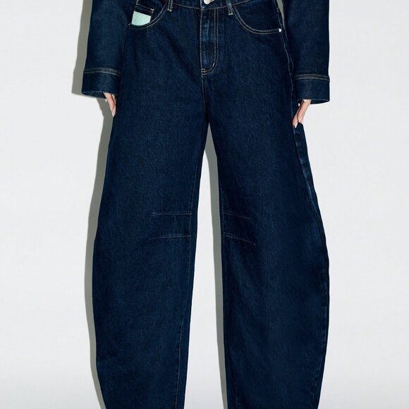 Dark Wash Casual Women's Barrel Cut Wide Leg High Waisted Jeans - Picture 3 of 5